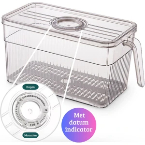 Janse® Koelkast organizer grijs transparant met datum indicator - Luxe opbergbox met handvat - Opberg bakje - Koelkast bakje - Plastic bakje - Eten - Keuken organizer - Stapelbaar - Koelkast opbergbak - Voorraadbakje - Koelkast accessoires