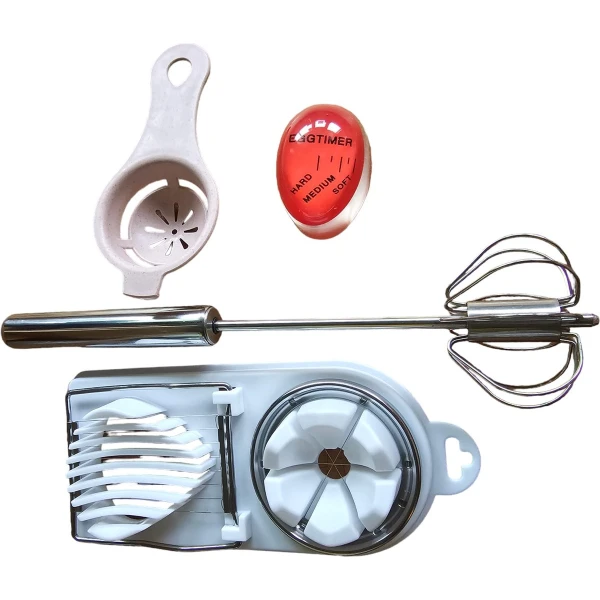 Sasemy® - Tools voor in de keuken - Set van 4- #3 - Eisnijder, Ei Splitser, Eierkoker - Keuken Gadget - Eierklopper - Plakjes Snijder - Keuken Accessoires - Garde - Ei Splitter - Melkopschuimer - Sinterklaas cadeau - Kerstcadeau - Campinghulp