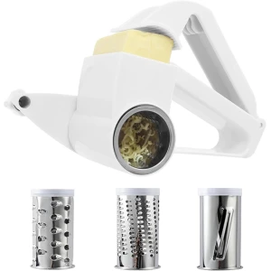 Trommelrasp - Spiraalsnijder - Zilver - Kaasrasp - Kaasrasp harde - Keukengerei - Keuken accessoires - Roterende - Handgebogen - Wit - Kunststof - Met Drie verwisselbare schraper