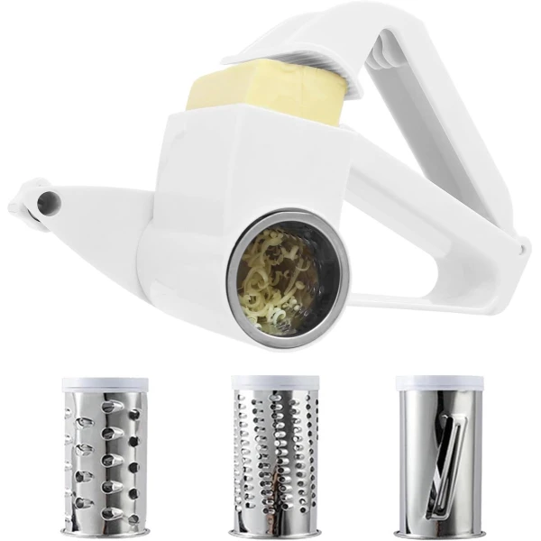 Trommelrasp - Spiraalsnijder - Zilver - Kaasrasp - Kaasrasp harde - Keukengerei - Keuken accessoires - Roterende - Handgebogen - Wit - Kunststof - Met Drie verwisselbare schraper