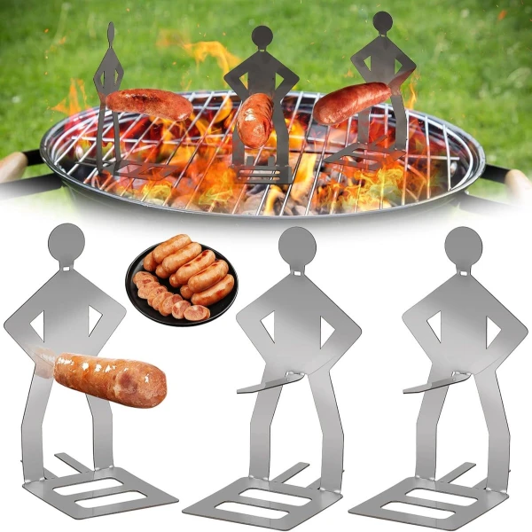 3 stuks grappige hotdog barbecuegereedschap, roestvrij staal BBQ worststandaard, koken BBQ accessoires voor buiten grillen, BBQ vork voor camping outdoor picknick tuin keuken, BBQ geschenken voor