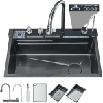 Keukenspoelbak met enkele bak en waterval, multifunctionele digitale slimme kraan met telescopische uitloop, kopjeswasbak onder druk en andere accessoires, werkstation voor de keuken