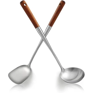 Spatel Set 17 inch, RVS Wok Gereedschap met Houten Handvat Hittebestendig, Metalen Spatel en Pollepel, Hoogwaardige Keuken Kookgerei Sets, Wok Accessoires