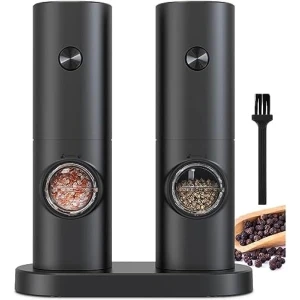 Elektrische zout- en pepermolenset op batterijen, automatische maalmolen met LED-verlichting, 5 verstelbare grofheidsniveaus, zwarte pepermolen met standaard voor keuken en restaurant
