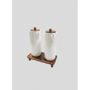 Keramische Olie- & Azijnset - 2 stuks - 400 ml per fles - Met houten deksel - Olie en azijn fles - Wit - Keuken accessoires