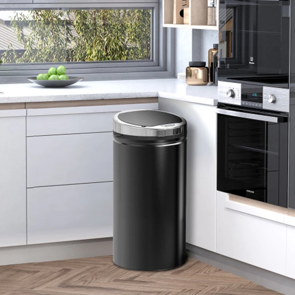 Sensor afvalbak 42 l, elektrische automatische afvalbak met deksel, roestvrij, voor badkamer, kantoor, keuken, eetkamer, staal, zwart