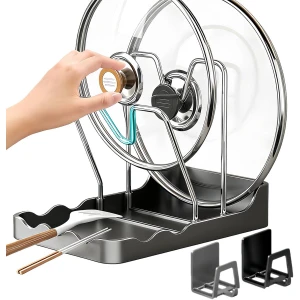 Pannendeksel houder - Dekselhouder - Keuken Organizer - 2-in-1 Multifunctioneel - Met Lepelhouder en Sponsrek - RVS - Ruimtebesparend - Voor Gootsteen en Keukenkast - Keuken Accessoires