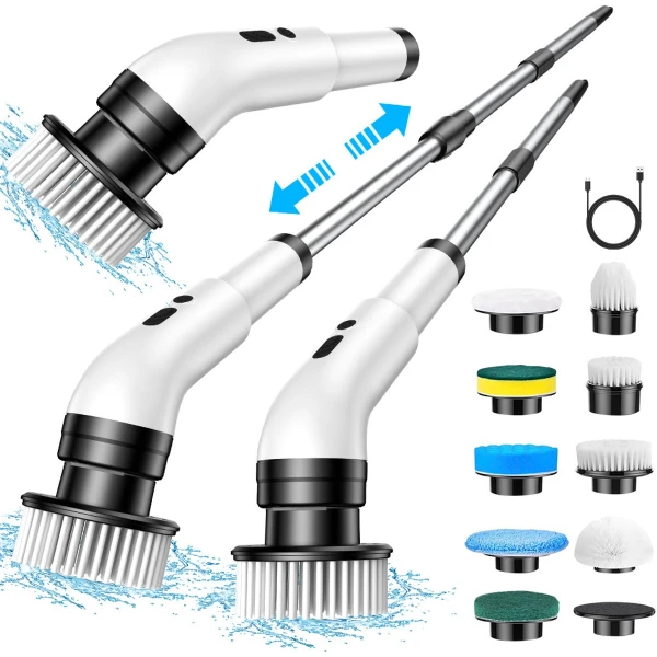Elektrische spinscrubber, snoerloze douchescrubber tot 450 tpm met 7 vervangbare borstelkoppen, verstelbare verlenggreep Elektrische scrubber voor het reinigen van badkamer, bad, keuken en auto