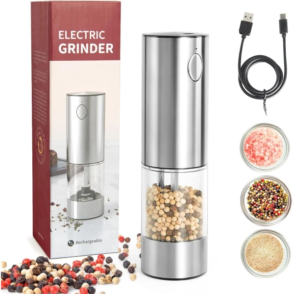 Maalmolen - Elektrische Pepermolen - Zoutmolen - Usb-Oplaadbare - Instelbare Maalgraad En Led-Verlichting - Bediening Met ééN Druk Op De Knop Voor Barbecue, Keuken, Restaurant, Camping - Zilver