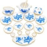 17-delig Porseleinen Servies Set Blauw Bloemmotief Poppenhuis Keuken Accessoires Schaal 1:12