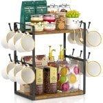 2-laags keuken koffiebar organizer, multifunctionele koffiebekerhouder, opbergplank voor accessoires met 12 haken (vintage bruin + zwart)