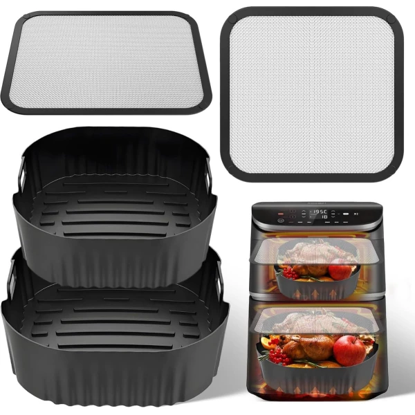 Airfryer Accessoires Set - Keuken Hulpmiddelen - Lucht Frituren - Magnetische Spatbeschermers - 2 Siliconen Bakvormen - Zwart