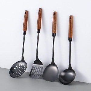 Allecto - - Keuken Gereedschap Set - 4-delige Set - Rvs en Houten Handvat - Keuken Accessoires - Handig voor Koken - Zwart