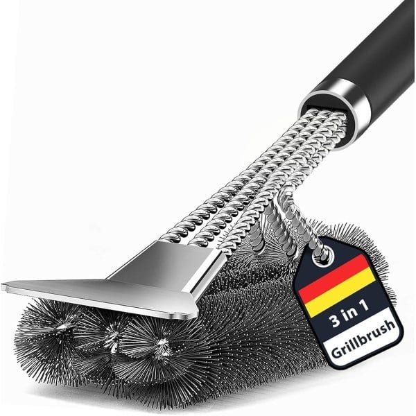 Barbecueborstel, 3-in-1 grillborstel met reinigingsborstel met lange steel en schraper, roestvrij staal, BBQ-gereedschap, barbecue-accessoires, 360 graden, reinig grillrooster, keuken, servies
