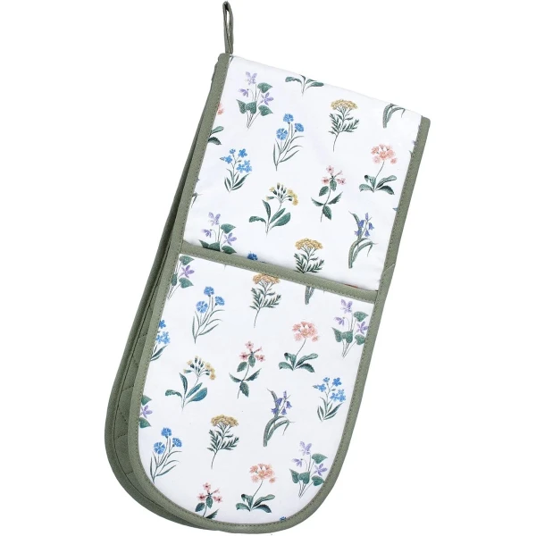 Dubbele Oven Handschoen - Keuken Accessoire - Veilig Koken - Bloemenprint Design - 84x19 cm - Wit