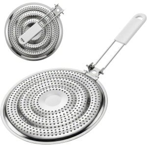 Een hitteverdeler/vlambeschermer voor in de keuken met afneembaar handvat, gemaakt van roestvrij staal, verdeelt de warmte gelijkmatig en voorkomt aanbranden. Geschikt voor gas-, elektrische, keramische en glazen kookplaten. 8,25 inch (21 cm).