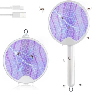 Elektrische vliegenmepper, 3-in-1, 3000 V, USB-oplaadbaar, opvouwbaar, uv-elektrische muggenmepper, hangende insectenverdelger met veiligheidsnet voor binnen, keuken (wit)
