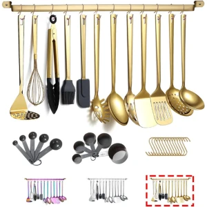 Goud Kookgerei Set Roestvrij Staal 37-Stukken Keukengerei Set Met Titanium Goud Plating Keuken Gadgets Kookgerei Set Keuken Gereedschap Set Met Keukenhouder Non-Stick En Hittebestendig Vaatwasser Veilig Gemakkelijk Schoon Te Maken