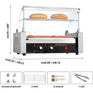 Hotdog Grill Machine - Hotdog Grill - Hotdogroller - 7 RVS Rollen - 750W - Elektrische Grill - met Deksel - Twee Temperatuurregelaars - Spatwand en plank - voor Keuken - en Feestjes - Capaciteit 12 Stuks