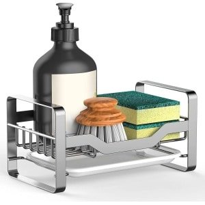 Keukenorganizer, gootsteen, opbergruimte, organizer, keuken, organizer, kast, accessoires, sponshouder, schoonmaakmiddel, spoelbak, afdruiprooster, gootsteen, rek, smalle sponshouder, plank, zilverkleurig