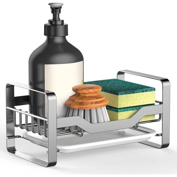 Keukenorganizer, gootsteen, opbergruimte, organizer, keuken, organizer, kast, accessoires, sponshouder, schoonmaakmiddel, spoelbak, afdruiprooster, gootsteen, rek, smalle sponshouder, plank, zilverkleurig