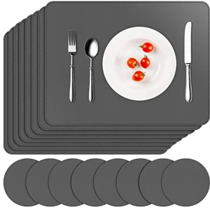 Kunstlederen Tafelmatten en Onderzetters 8 Stuks - Waterdicht, Dubbelzijdig en Antislip Keuken en Eetkamer Accessoires - 41 x 31 cm (Grijs)