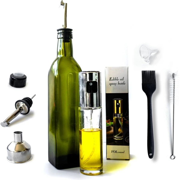 Olijfolie Fles - Olijfolie/ Azijn - 500 ML - Glazen Oliefles - Luxe Olie Fles - Navulbaar - Inclusief schenktuit, trechter en dop met kurk - Olijfolie Set - Olijfolie Sprayer inclusief accessoires - 100 ML - Olijfolie voor keuken - Cadeau