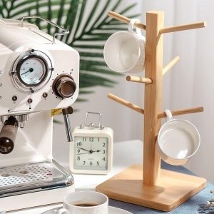 Bamboe houten mok rek boom met 6 haken houten kop rek thee koffiekop organizer accessoires mok rek voor keuken teller en display bestek opslag en drogen