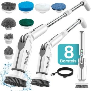 GoScrub® Elektrische Schoonmaakborstel - Cleaning Hero V1 - Wit - Schrobber Met Steel - Poetsmachine - Schrobborstel - Voor Badkamer en Keuken - 8 Opzetstukken