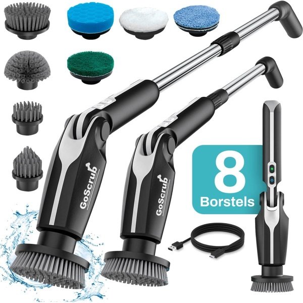 GoScrub® Elektrische Schoonmaakborstel - Cleaning Hero V1 - Zwart - Schrobber Met Steel - Poetsmachine - Schrobborstel - Voor Badkamer en Keuken - 8 Opzetstukken