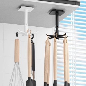 Keuken organizer 2 stuks - Keuken wandrek met 6 haakjes - Hangrek - haken zonder Boren - roterend - keukengerei houder 360° draaibare opvouwbare haak - zelfklevende badhanddoekhouder - lepels- zelfklevend - Zwart