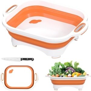 Opvouwbare campingsnijplank, 3-in-1, multifunctioneel, met mes, voor het wassen en bewaren van groenten en fruit, voor keuken, camper, camper accessoires, outdoor, oranje