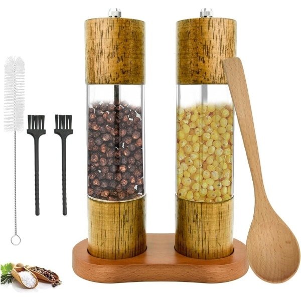 Peper en Zoutmolen Houten 2 stuks 8 Inch Handmatig Navulbaar Verstelbaar - Keuken Accessoires Maalmolens voor Specerijen Chili Sesam