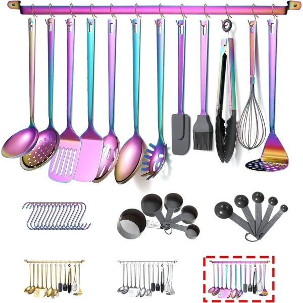 Regenboog kookgerei Set, roestvrij staal 37-stukken keukengerei set met titanium regenboog plating, keuken gadgets kookgerei set, keuken gereedschap set met keukenhouder non-stick en hittebestendig.Vaatwasser veilig, gemakkelijk schoon te mak