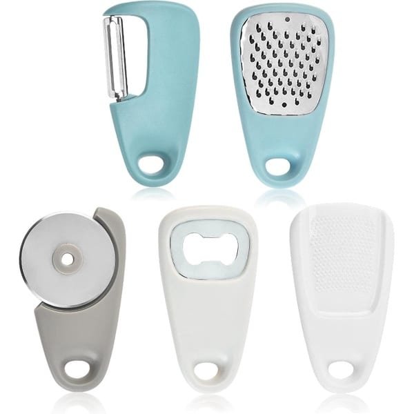 AYNKH 5 STKS Draagbare Keuken Gadgets, Kaasrasp, Flesopener, Fruit/Groente Dunschiller, Pizza Cutter, Knoflook/Gember Grinder, Roestvrij Staal Camping Accessoires, Ruimtebesparend Gebruiksvoorwerp Set