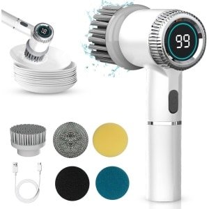 AnyPrice® Elektrische Schoonmaakborstel - Duurzame Elektrische Schrobber met 5 Opzetstukken - Poetsmachine voor Binnen & Buiten - Ideaal voor Badkamer, Keuken & Huis - Schrobborstel voor Grondige Reiniging - Wit