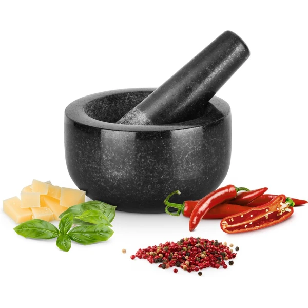 GOURMEO vijzel met stamper set - ⌀ 12 cm - Keuken accessoires - Vijzels om kruiden te malen of pesto guacamole of dips te maken - Zwart graniet