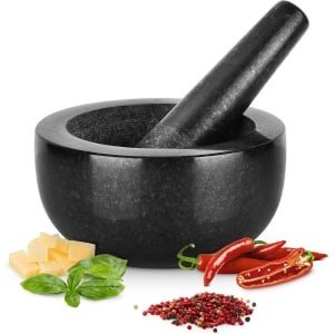 GOURMEO vijzel met stamper set - ⌀ 16 cm - Keuken accessoires - Vijzels om kruiden te malen of pesto guacamole of dips te maken - Zwart graniet