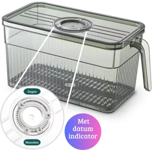 Janse® Koelkast organizer groen transparant met datum indicator - Luxe opbergbox met handvat - Opberg bakje - Koelkast bakje - Plastic bakje - Eten - Keuken organizer - Stapelbaar - Koelkast opbergbak - Voorraadbakje - Koelkast accessoires