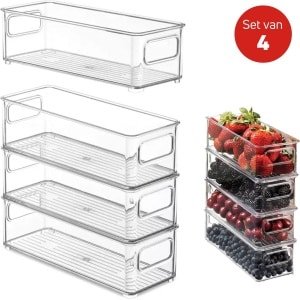 Janse® set van 4 koelkast organizers - Opbergbox - Opberg bakjes - Koelkast bakjes - Plastic bakjes - Bakjes - Eten - Keuken organizer - Stapelbaar - Koelkast opbergbak - Voorraadbakjes - Koelkast accessoires - Lade organizer