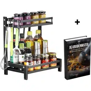Kitch&Life Luxe Kruidenrek 2-laags - Incl. E-boek - Kruidenrek Staand - Keuken Organizer - Keukenrek RVS - Badkamerrek - Keuken Accessoires Organizer - Opbergrek - Zwart