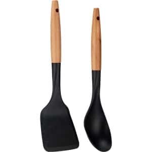 Kook/keuken gerei - set van 2x stuks - zwart/bruin - kunststof/hout - kook accessoires