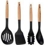 Kook/keuken gerei - set van 4x stuks - zwart/bruin - kunststof/hout - kook accessoires