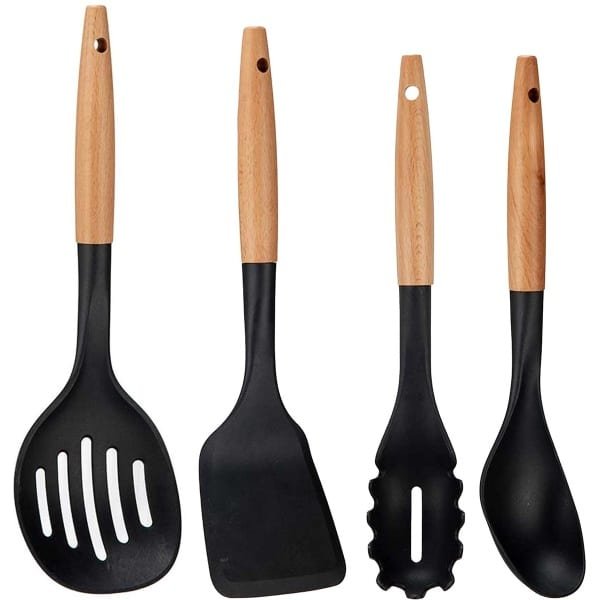 Kook/keuken gerei - set van 4x stuks - zwart/bruin - kunststof/hout - kook accessoires