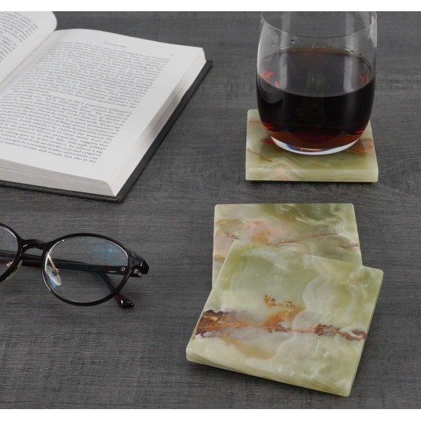 Marmeren onderzetter set 35 inch handgemaakte groene onyx vierkante onderzetters voor drankjes - set van 6 - verwarmende koffie onderzetter platen - ideale keuken accessoires