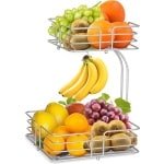 Moderne decoratieve fruitmand met 2 niveaus - afneembare bananenhouder - fruitschaal van metaal - keuken accessoires - zilver