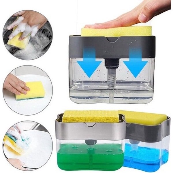 Soap Press Zeepdispenser met spons | Zeeppomp Dispenser | Sponshouder met zeep | Herbruikbaar en Duurzaam | Duurzaam ABS | Keuken accessoires | Inclusief gratis spons