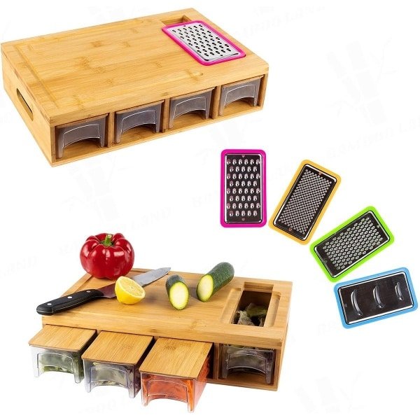 TammaT® Snijplank Hout - met opvangbakken - Bamboe snijplank - Met Rasp - Stapelbaar voorraadbakjes - keuken accessoires - Groentesnijder - Snijplank hout - BBQ