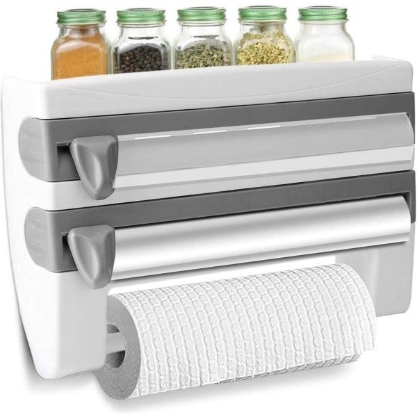 Vershoudfolie wandrolhouder - Rolly 3-vaks cutter dispenser - Snij dispenser rolhouder - Keuken accessoire - Multifunctionele papierrolhouder