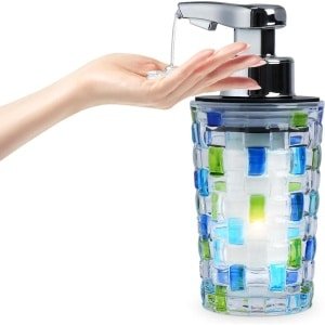 Automatische Zeepdispenser glazen vloeibare zeepdispenser-contactloze elektrische zeepdispenser-270 ml geweven gestreepte glazen fles-keuken badkamer